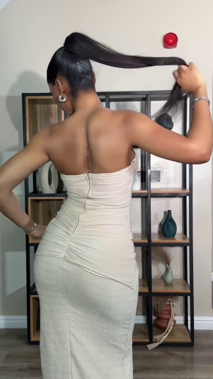 Champagne Ruched Strapless Maxi Dress