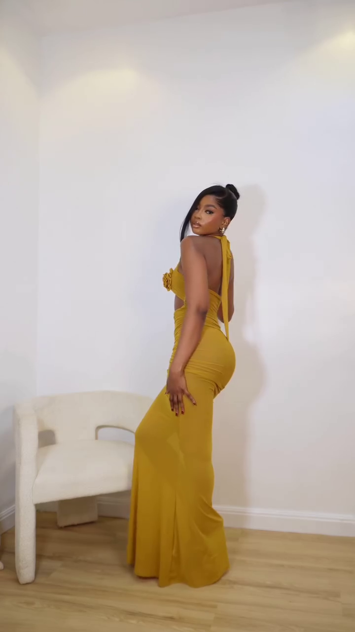 Golden Bloom Halter Maxi Dress